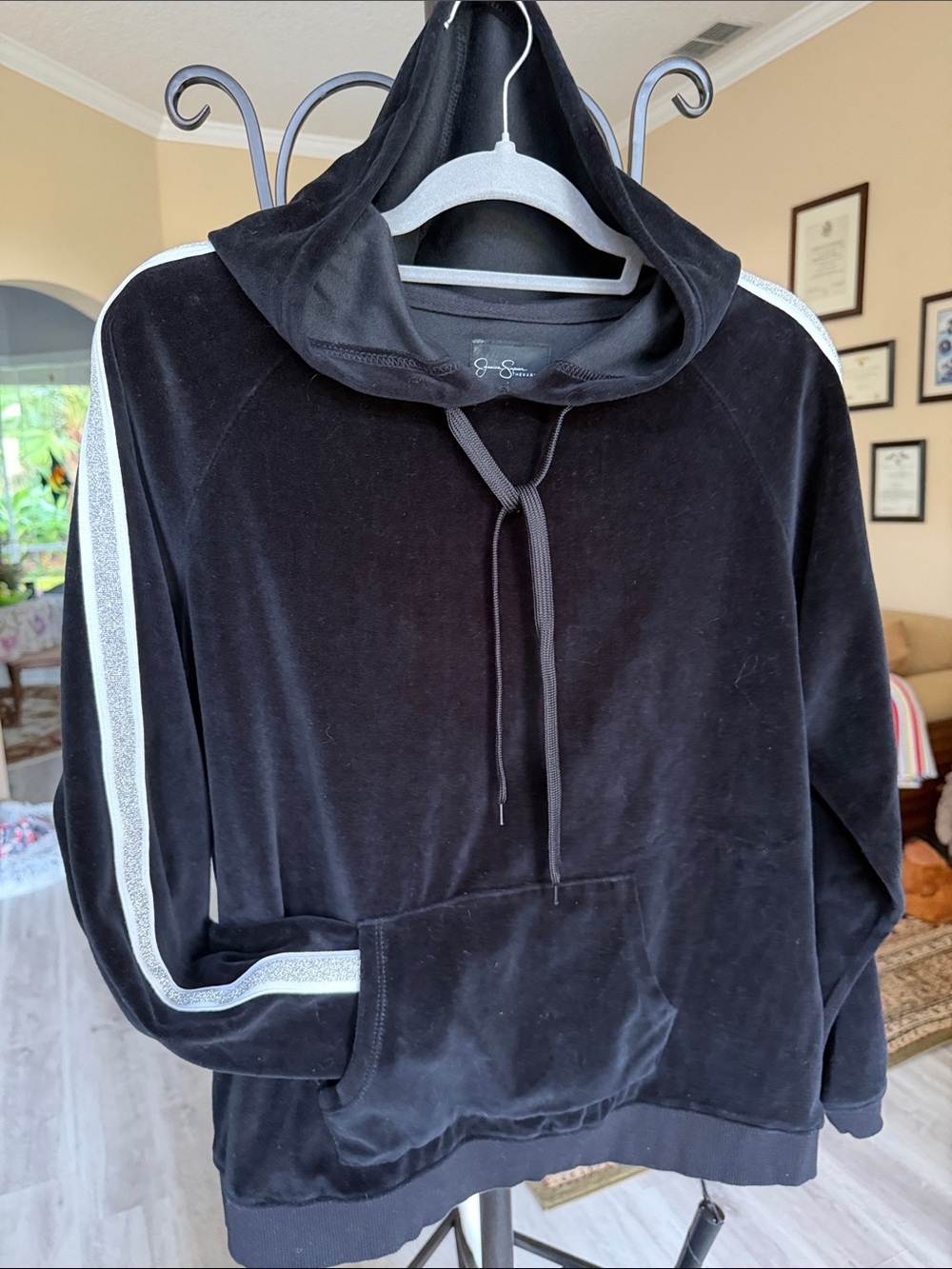 Jessica Simpson Black Velour Hoodie with Subtle Shoulder Stripe